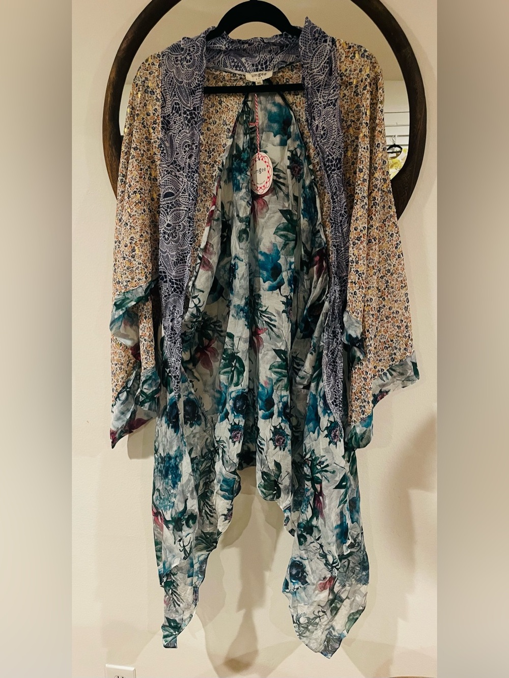 Umgee Mixed Print Floral Kimono Cardigan Blue & Beige M/L